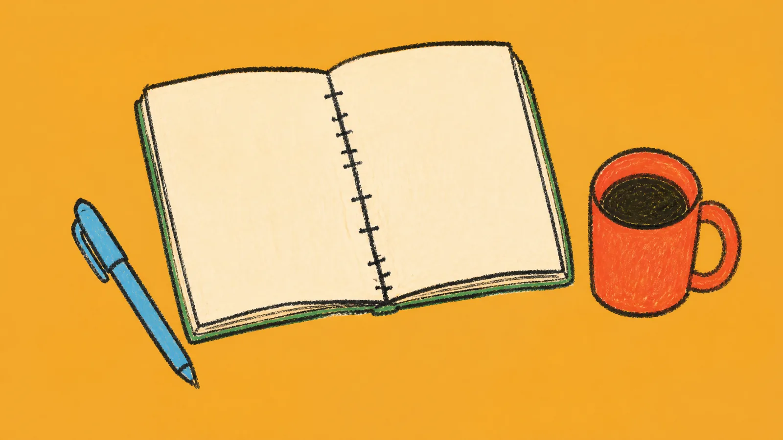 A drawing of an open notebook, a pen and a mug on a desk